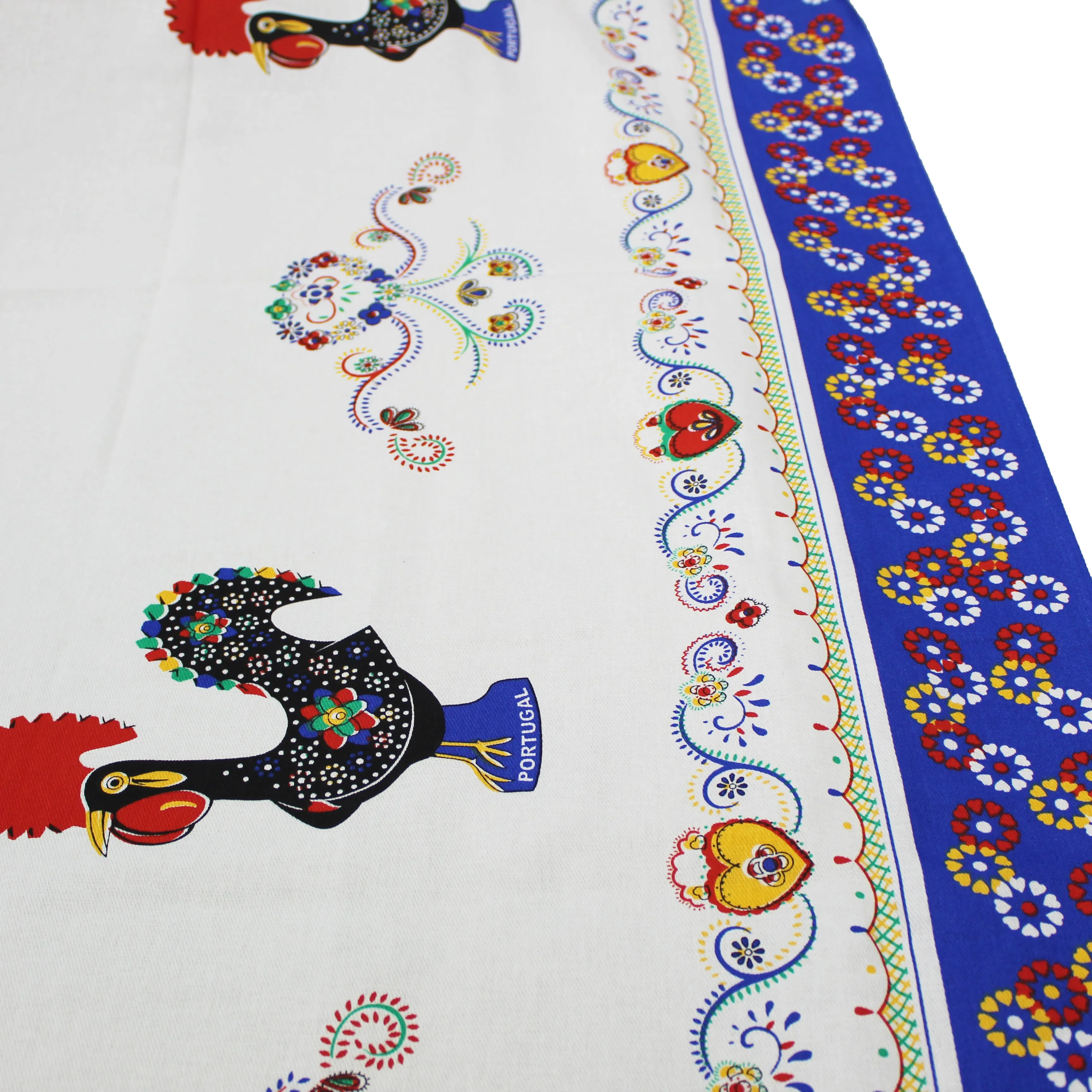 100% Cotton Portuguese Good Luck Rooster and Viana Heart Blue Border Tablecloth