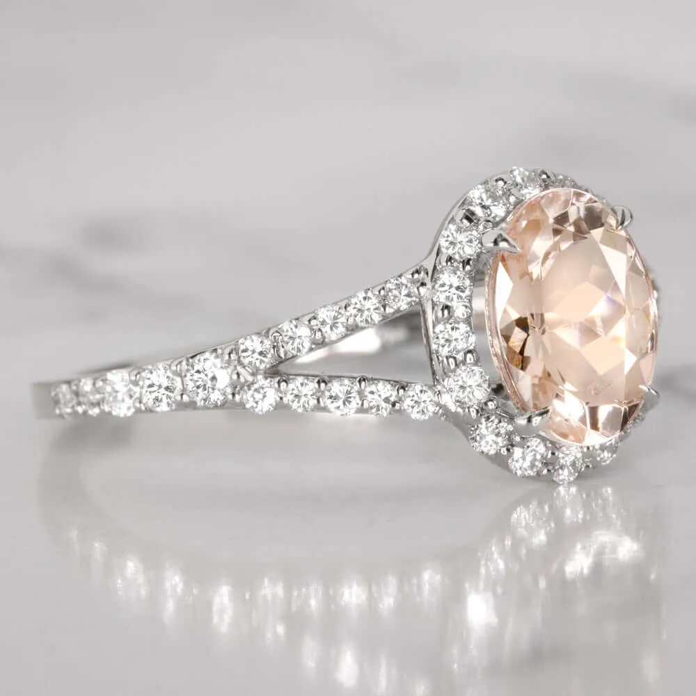 1.23ct OVAL MORGANITE DIAMOND 0.42ct ENGAGEMENT RING HALO SPLIT SHANK WHITE GOLD