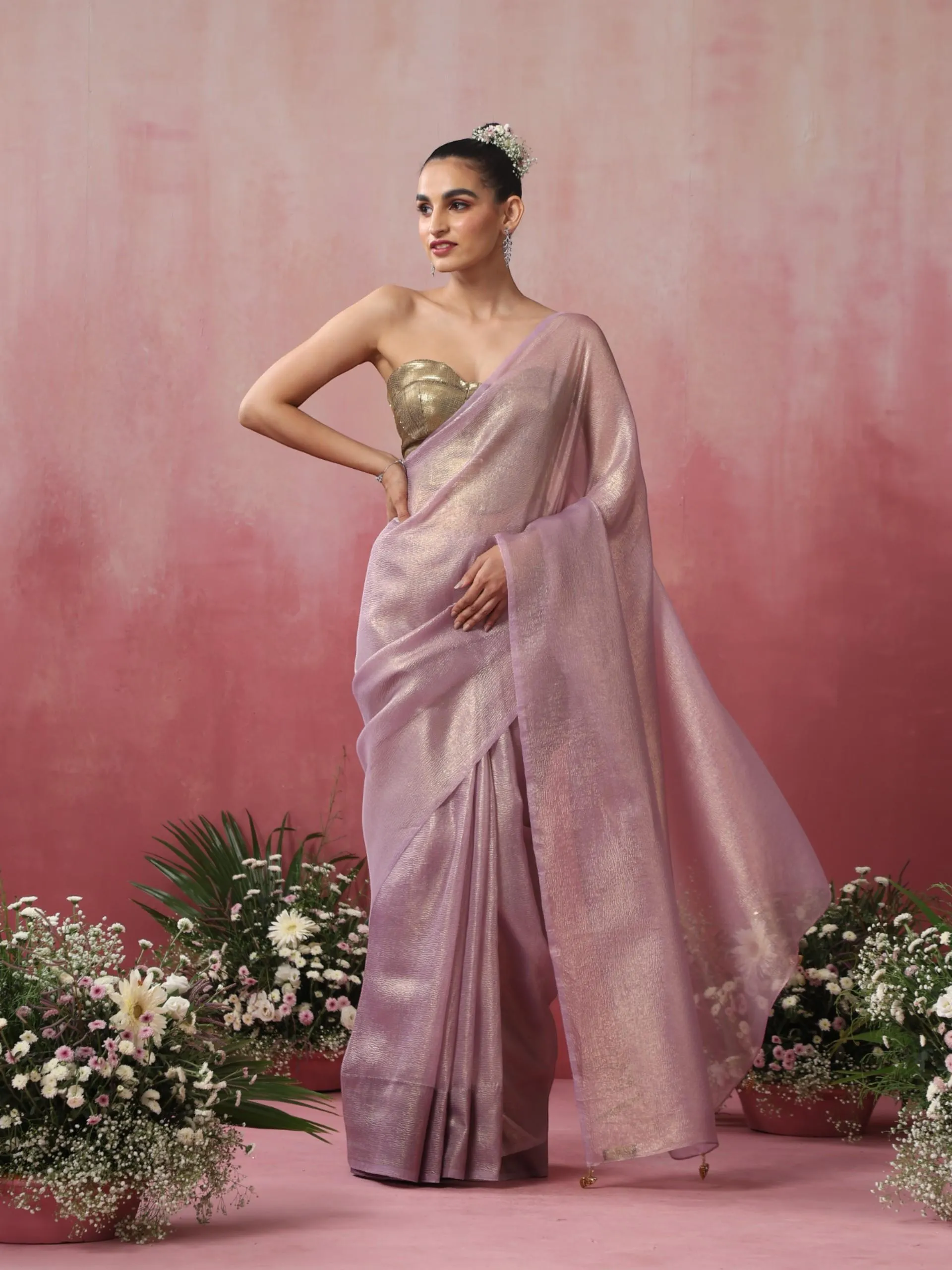 Angelic Lavender Gold Crushed Organza Saree With Pendants