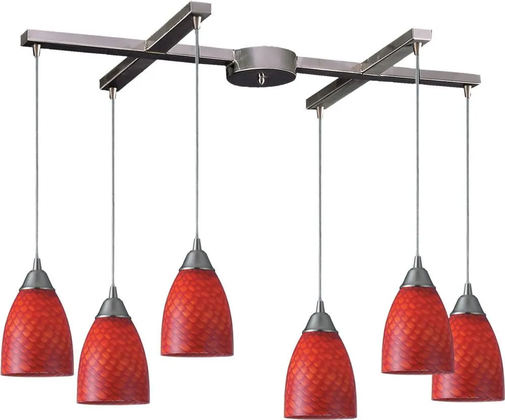 Arco Baleno 6 Light Pendant In Satin Nickel and Scarlet Red Glass