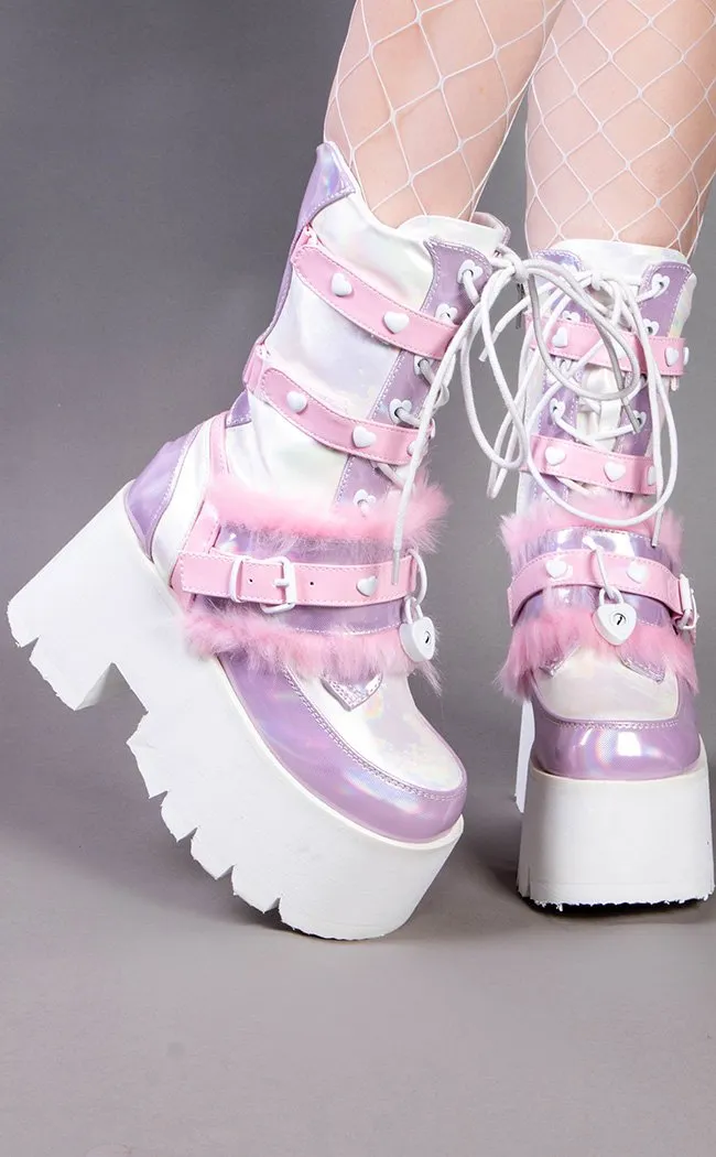 ASHES-120 Baby Pink & Lavender Holo Platform Boots