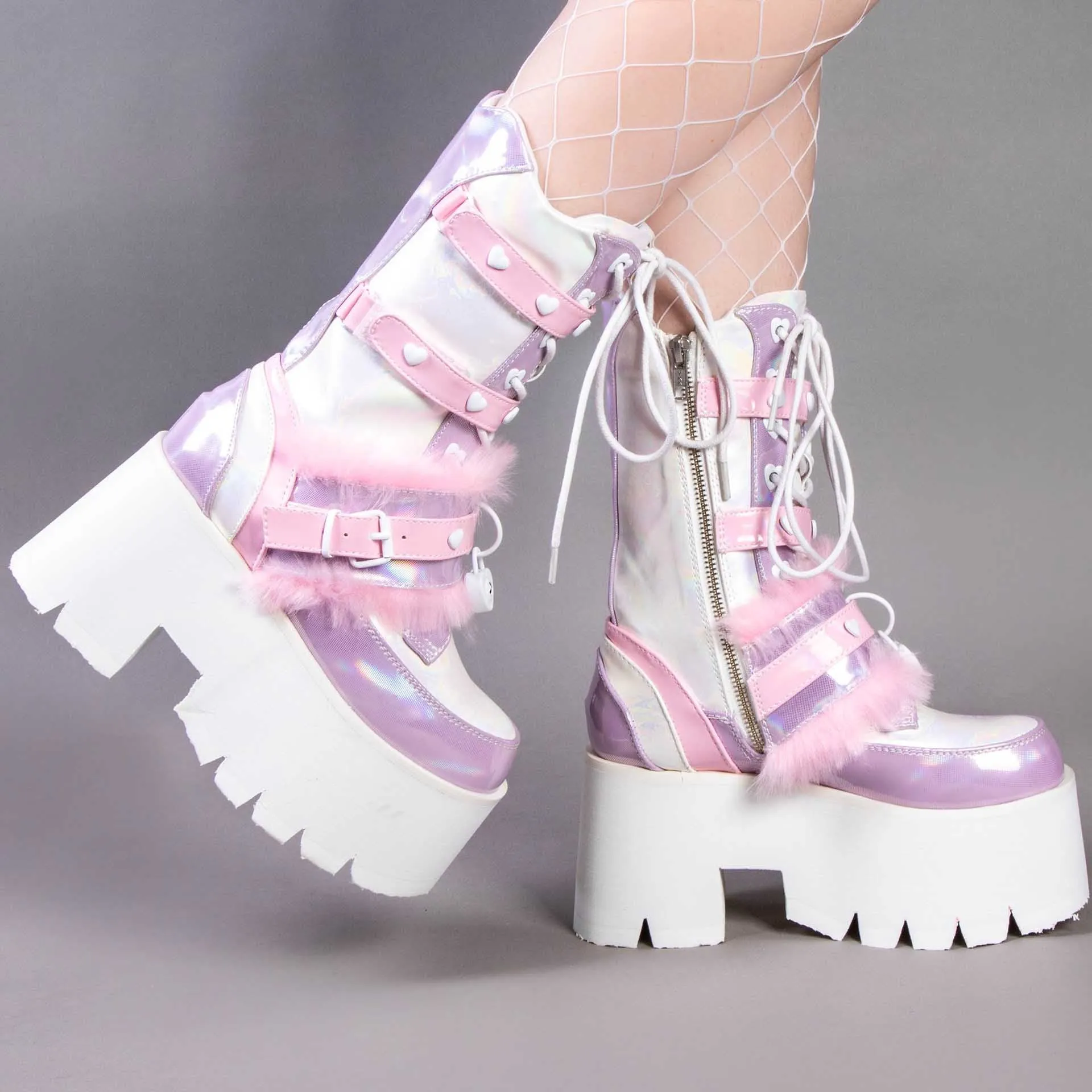 ASHES-120 Baby Pink & Lavender Holo Platform Boots