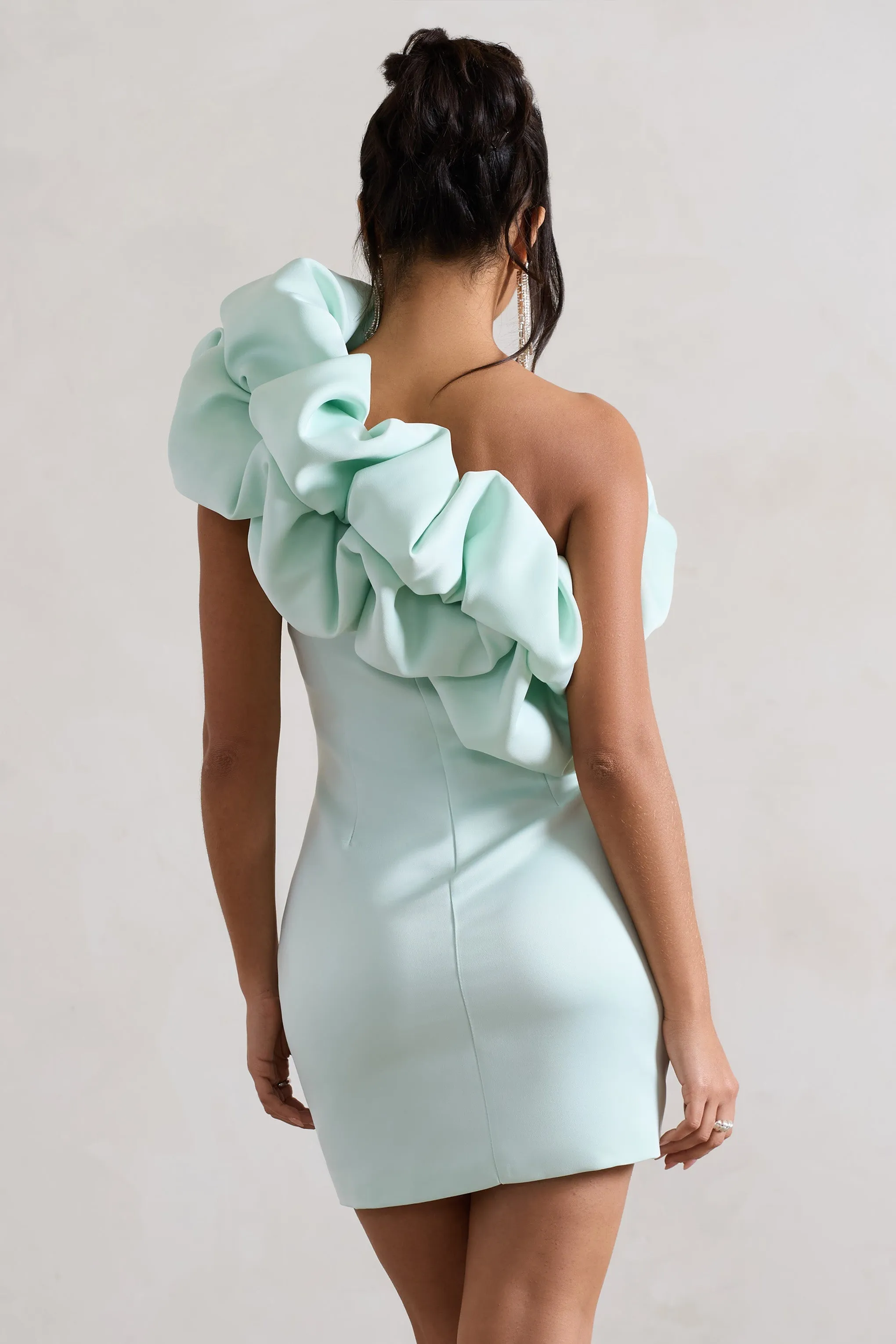 At The Opera | Mint Satin One Shoulder Ruffled Mini Dress