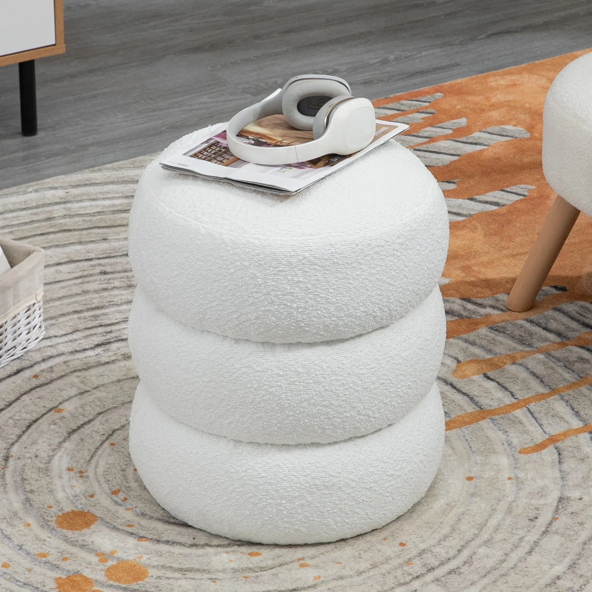 Azaria White Boucle Fabric Round Tufted Ottoman