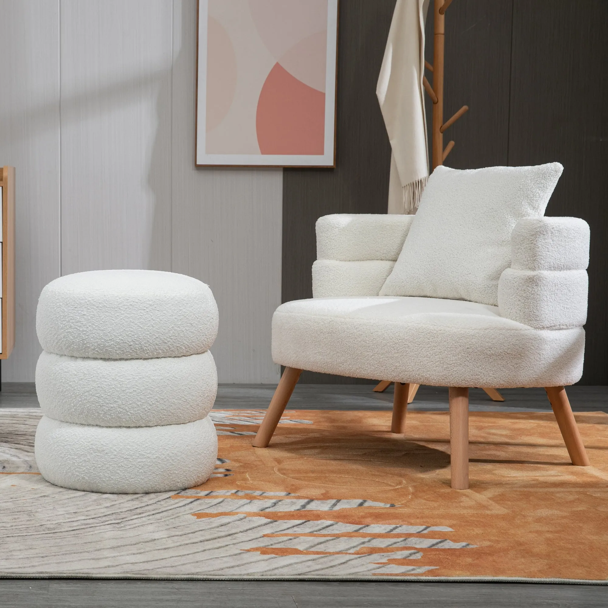 Azaria White Boucle Fabric Round Tufted Ottoman