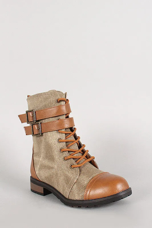 Bamboo Leatherette Two Tone Double Buckle Lace Up Combat Boot