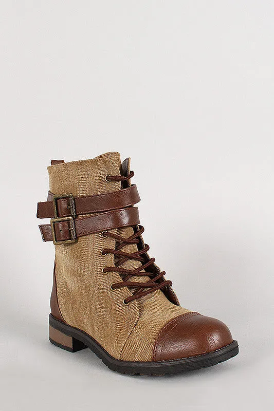 Bamboo Leatherette Two Tone Double Buckle Lace Up Combat Boot