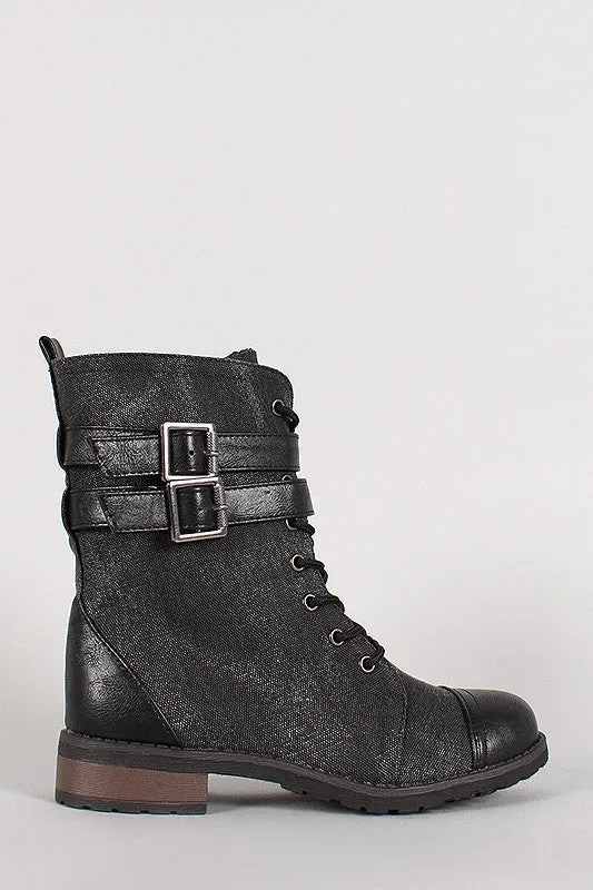 Bamboo Leatherette Two Tone Double Buckle Lace Up Combat Boot