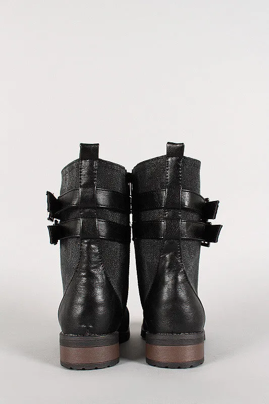 Bamboo Leatherette Two Tone Double Buckle Lace Up Combat Boot