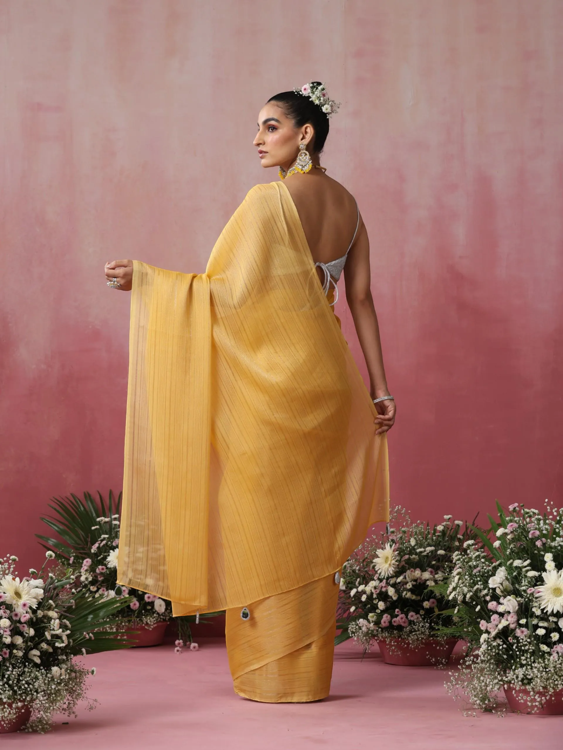 Bee Yellow Stripe Chiffon Saree with Pendants