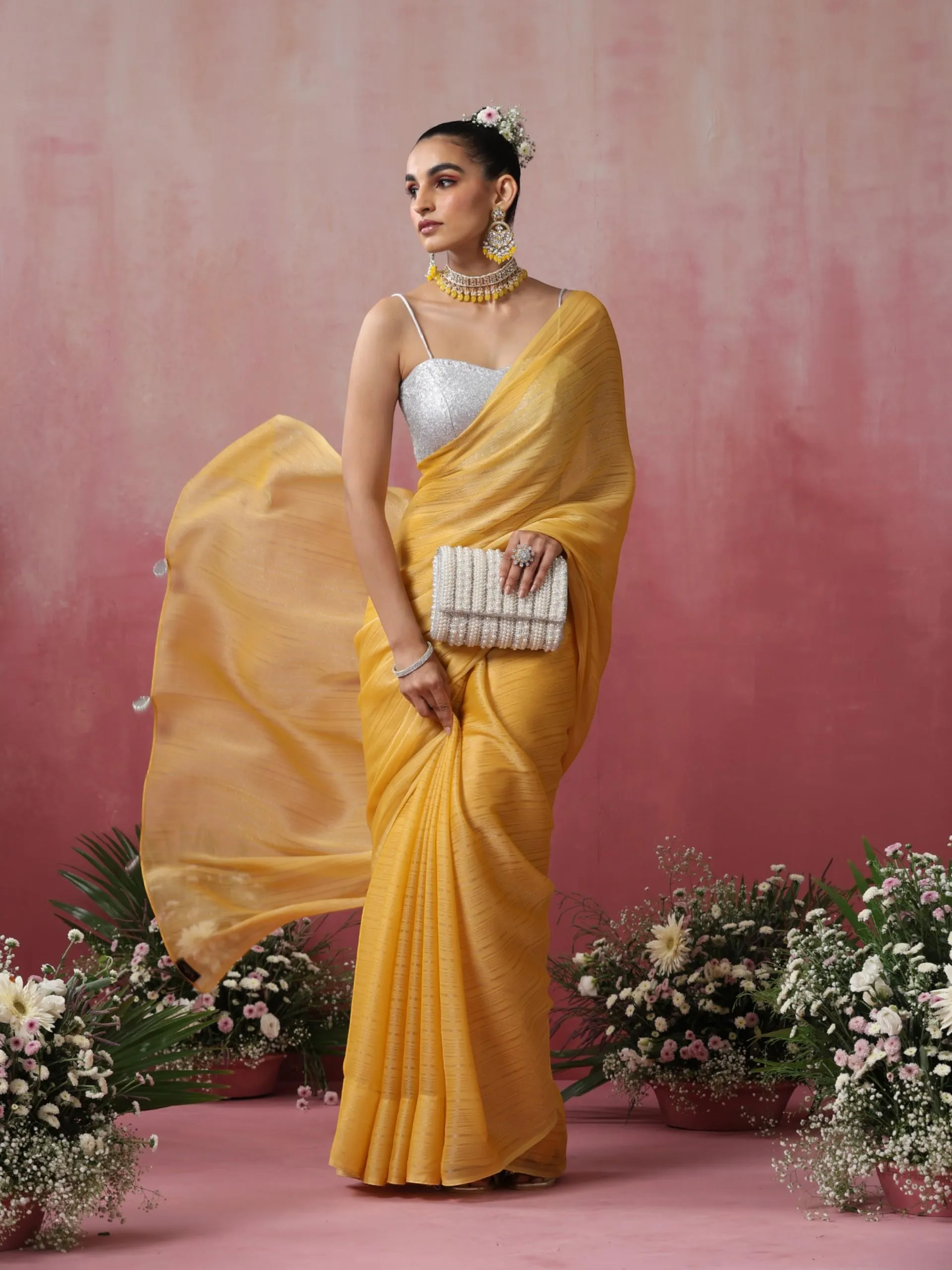 Bee Yellow Stripe Chiffon Saree with Pendants