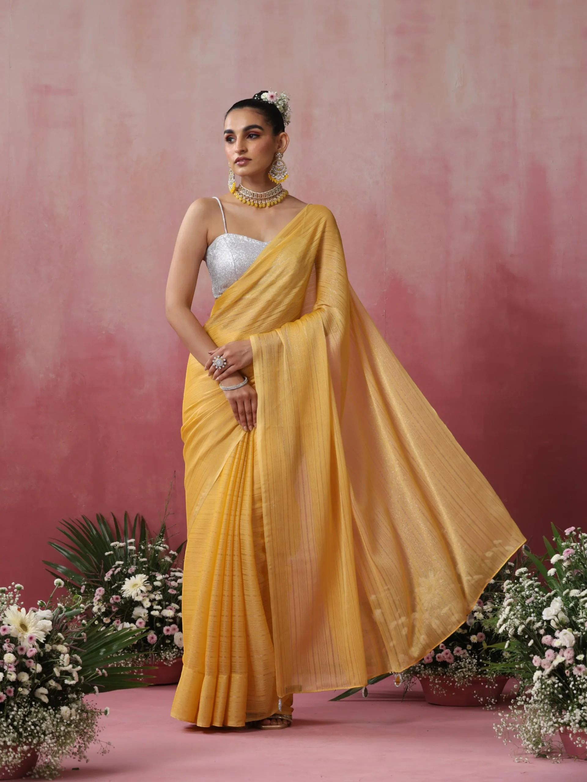 Bee Yellow Stripe Chiffon Saree with Pendants