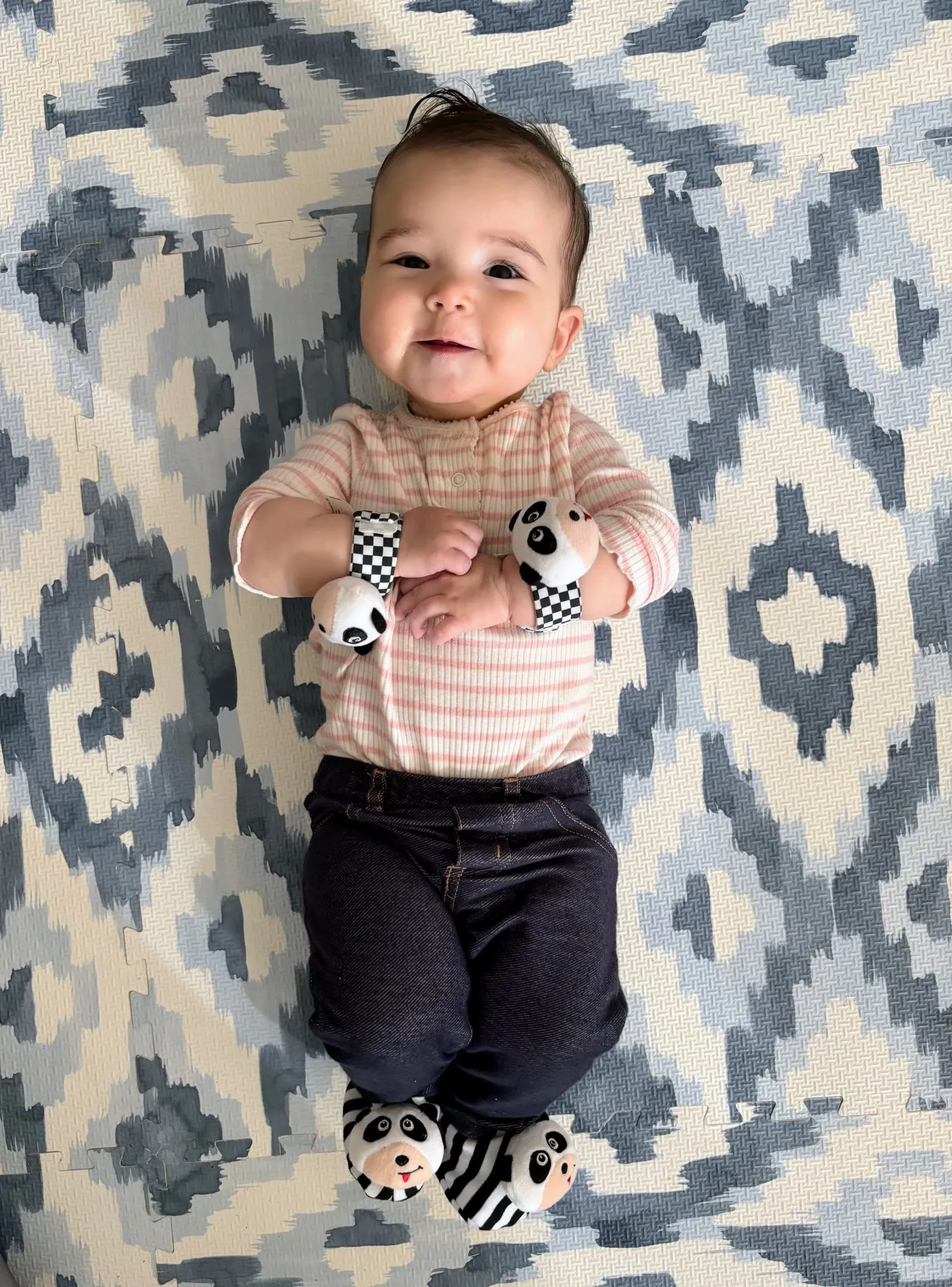 Black & White Pair of Panda Baby Booties with Rattle