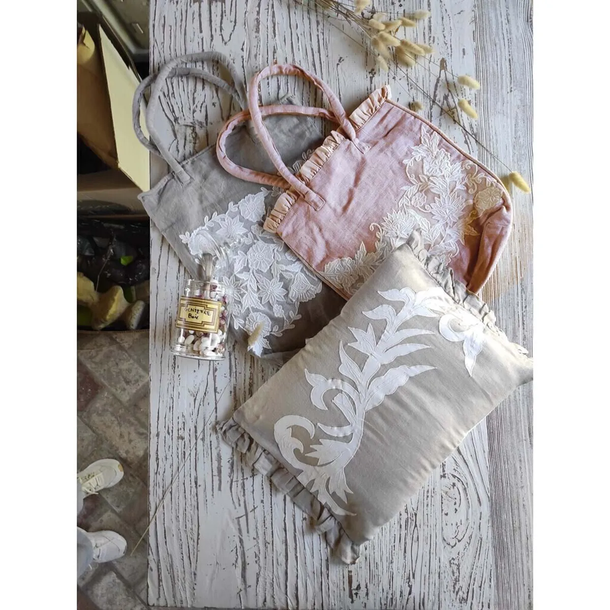 Blanc Mariclò Cuscino in lino con frill Shabby Chic "Dentelle" 35x50 cm