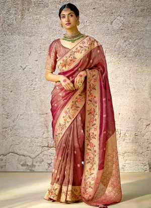 Bridal Red Golden Floral Kora Banarasi Silk Saree