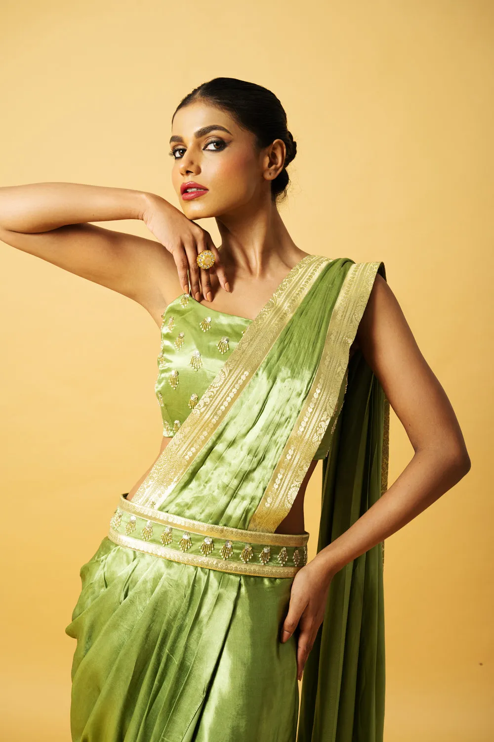 Bright Mint Green Modal Satin Dhoti Saree With Hand Embroidery On Blouse & Golden Lace On Saree Pallu