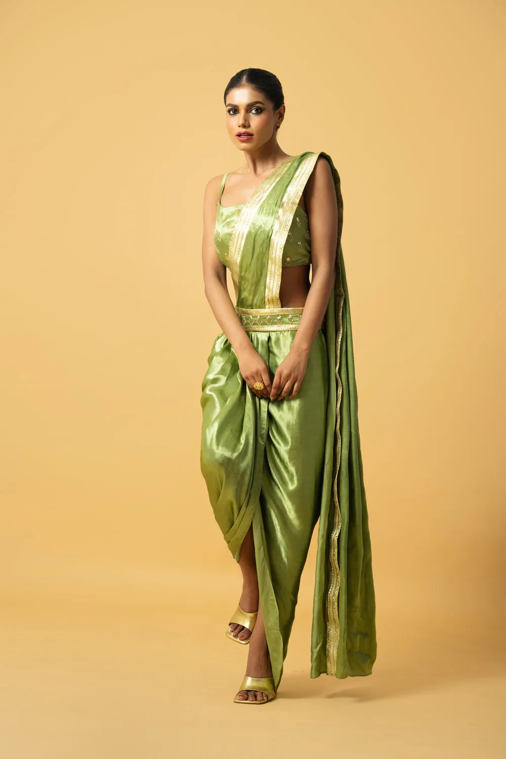 Bright Mint Green Modal Satin Dhoti Saree With Hand Embroidery On Blouse & Golden Lace On Saree Pallu