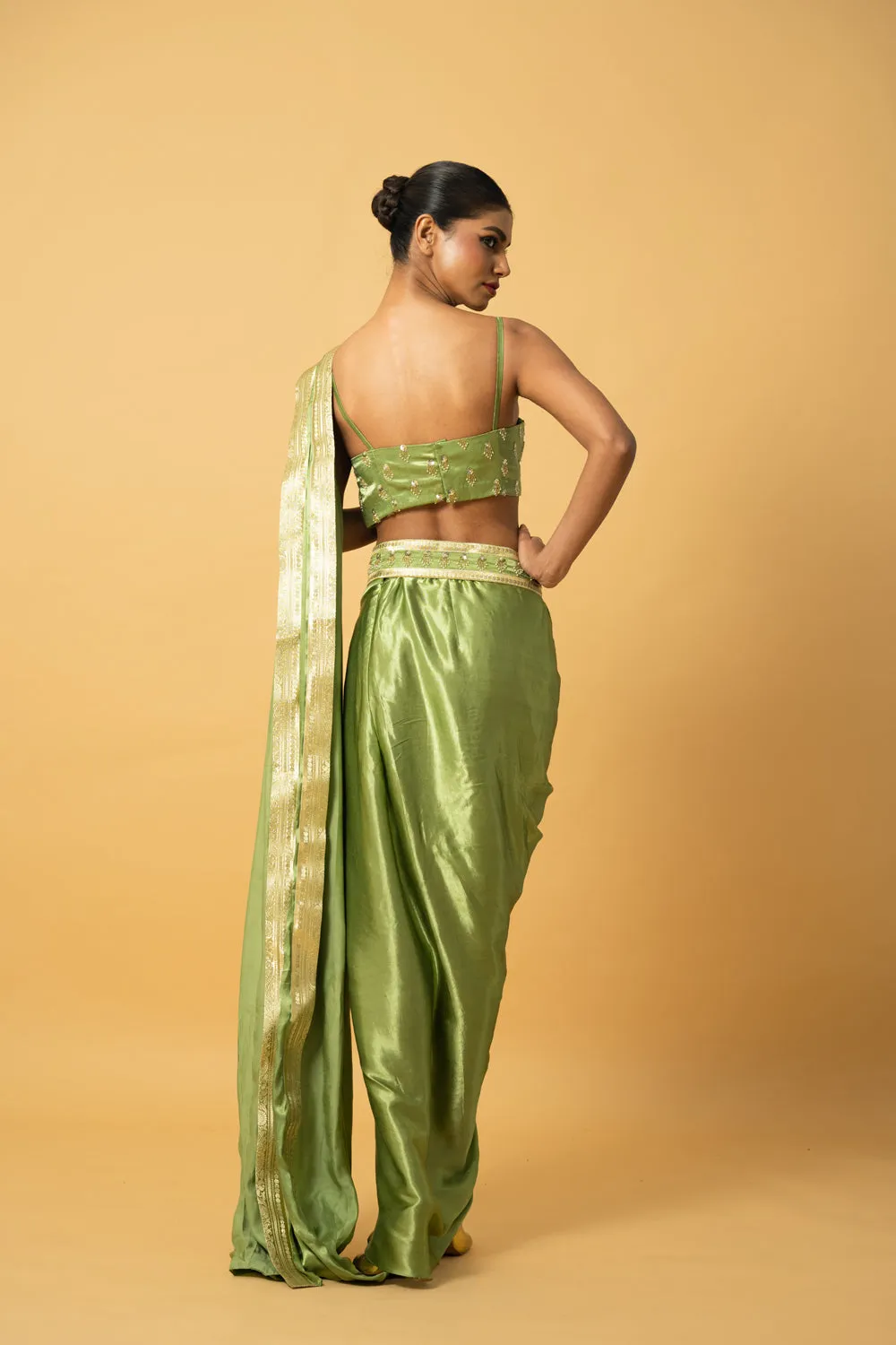 Bright Mint Green Modal Satin Dhoti Saree With Hand Embroidery On Blouse & Golden Lace On Saree Pallu