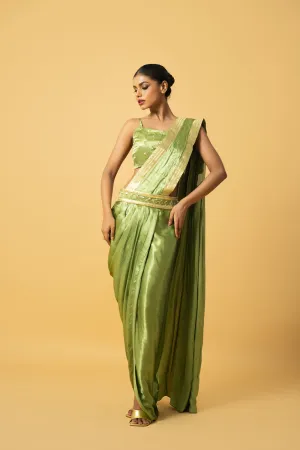 Bright Mint Green Modal Satin Dhoti Saree With Hand Embroidery On Blouse & Golden Lace On Saree Pallu