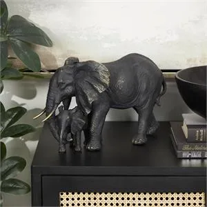 Bronze Polyston Elephant Family Sculpture with Gold Foil Accents - 14" X 8" X 9"