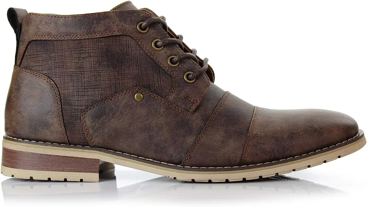 Brown Mens Casual Brogue Mid-Top Lace-Up And Zipper Boots