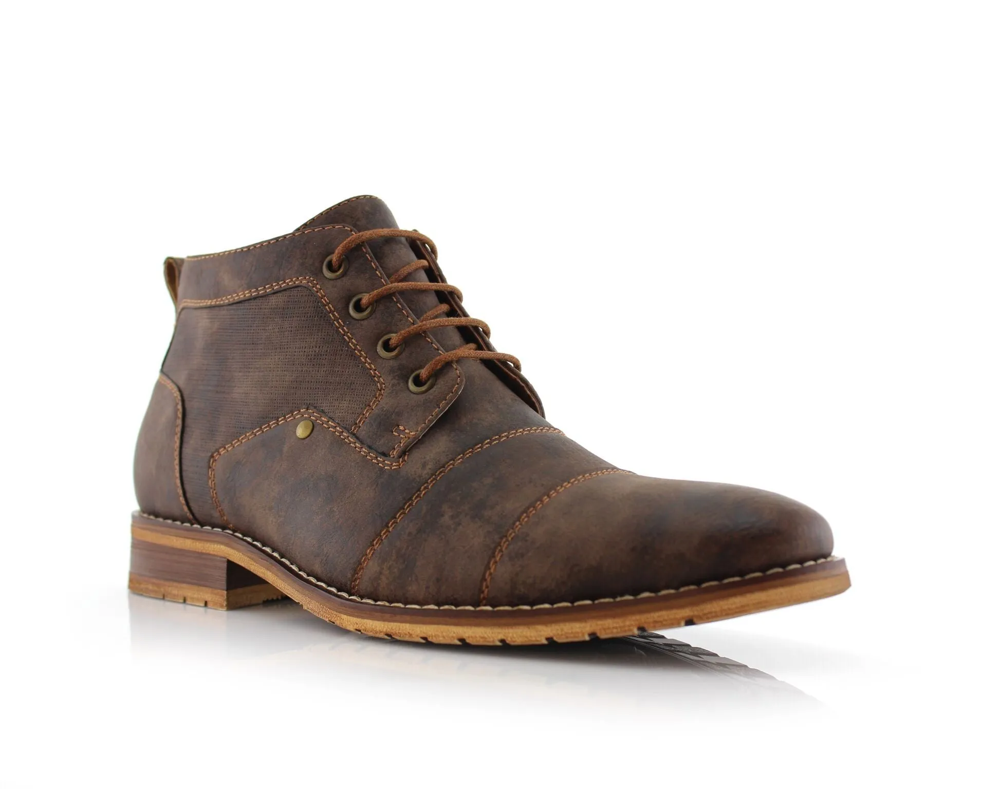 Brown Mens Casual Brogue Mid-Top Lace-Up And Zipper Boots