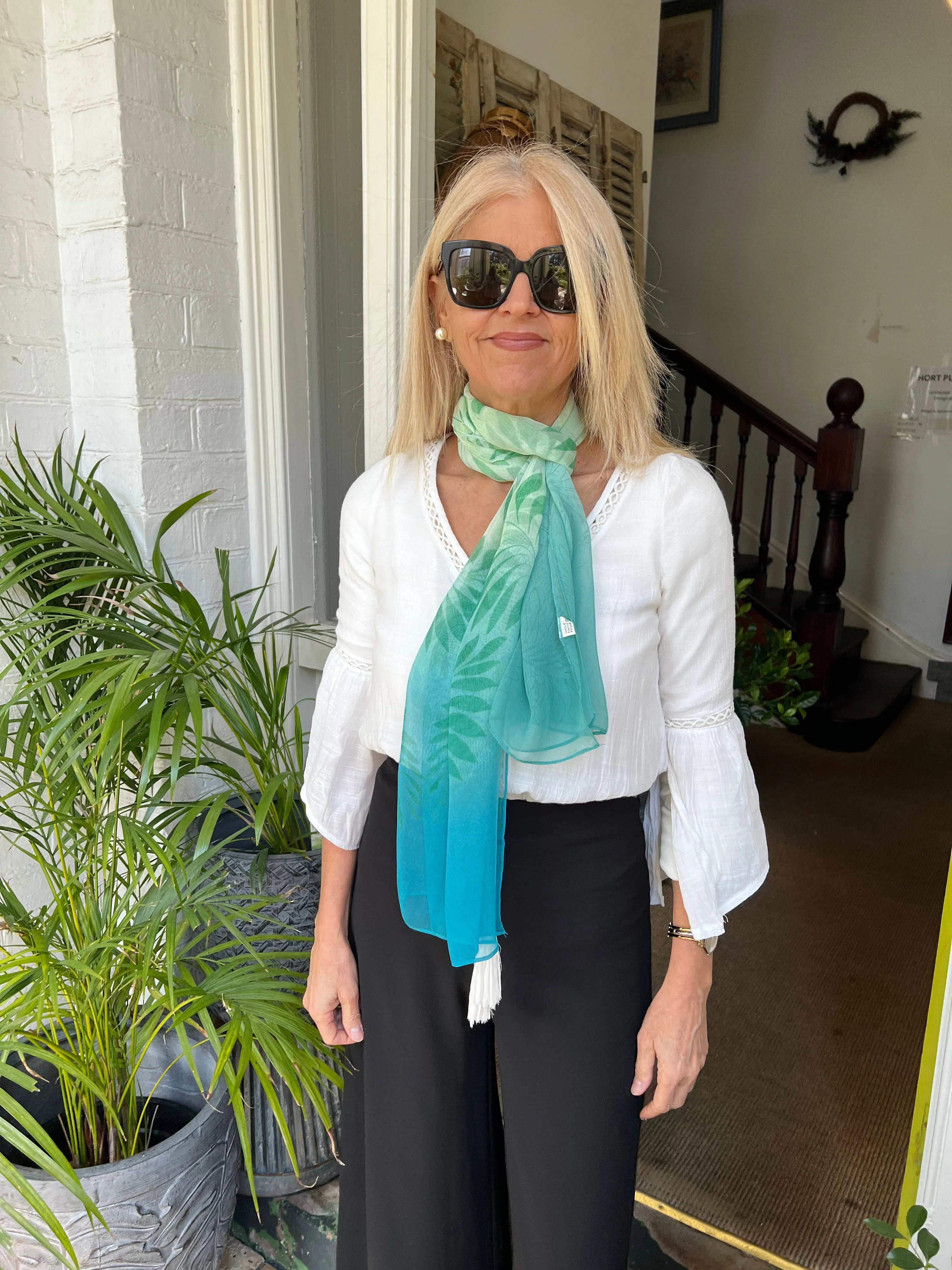 💥Chiffon Scarf - Turquoise Green Leaf - Short Scarf