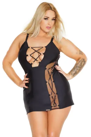 Coquette Sheer Stretch Lace-up Black Plus Size Dress