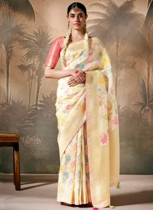 Cream And Pink Floral Munga Silk Saree