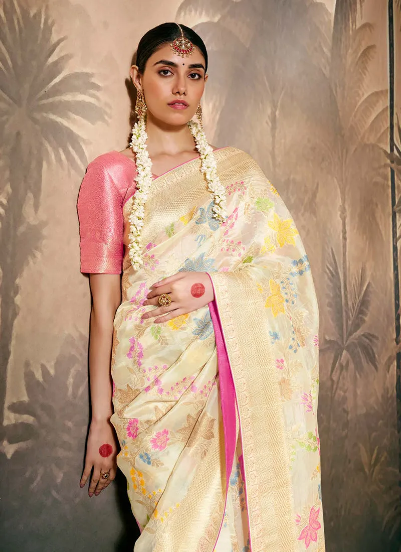 Cream And Pink Floral Munga Silk Saree