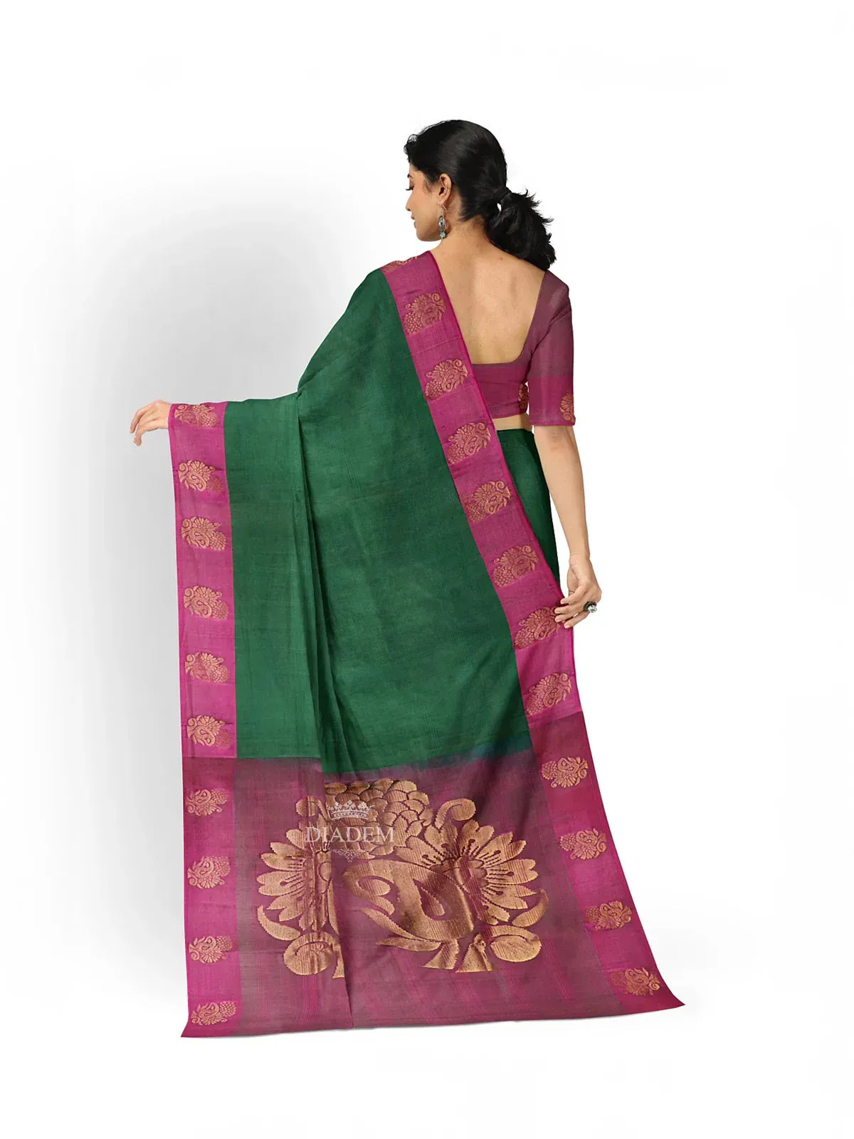 Dark Green Silk Saree with Plain body and Contrast Zari Border