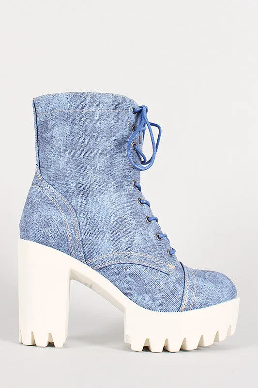 Denim Print Leatherette Lace Up Lug Sole Platform Boot