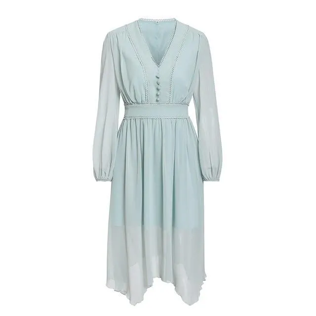 Elegant Mint Green Long Sleeve Chiffon Dress