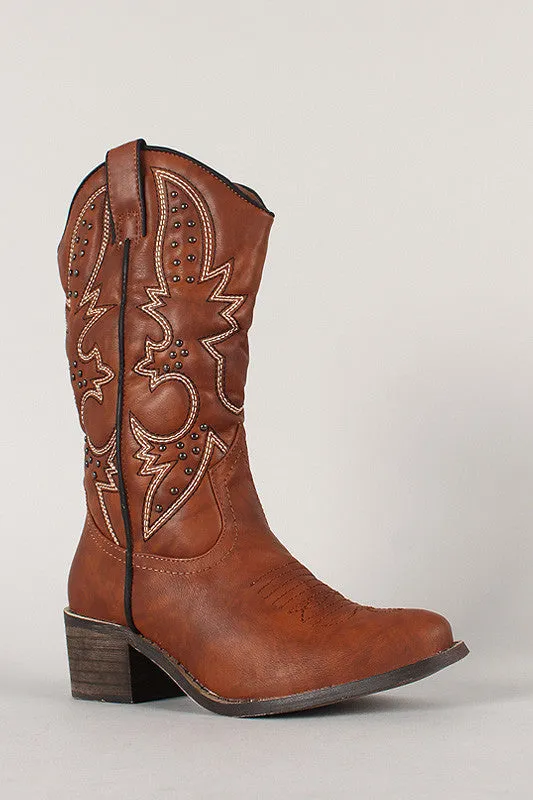 Embroidered Studded Almond Toe Cowboy Mid Calf Boot