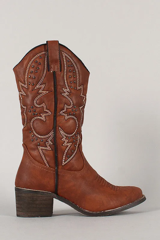 Embroidered Studded Almond Toe Cowboy Mid Calf Boot