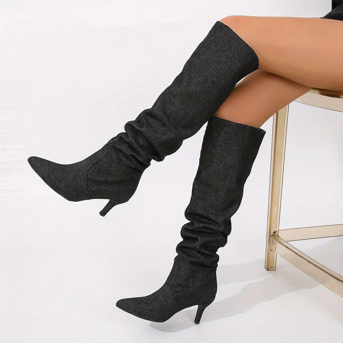 High Heel Slouchy Knee High Boots - Slip-On, Pointed Toe, Stiletto Heel, Fabric Upper, Rubber Sole, Comfortable Insole, Casual Solid Color Dress Boots for Women