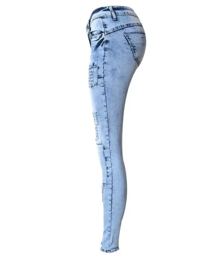 HoneyGaga Sky Blue Patchwork Skinny Tights