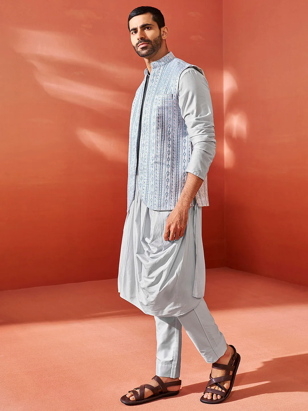 Jashvi Men's Aqua Viscose Jacket,Kurta And Pyjama Set.