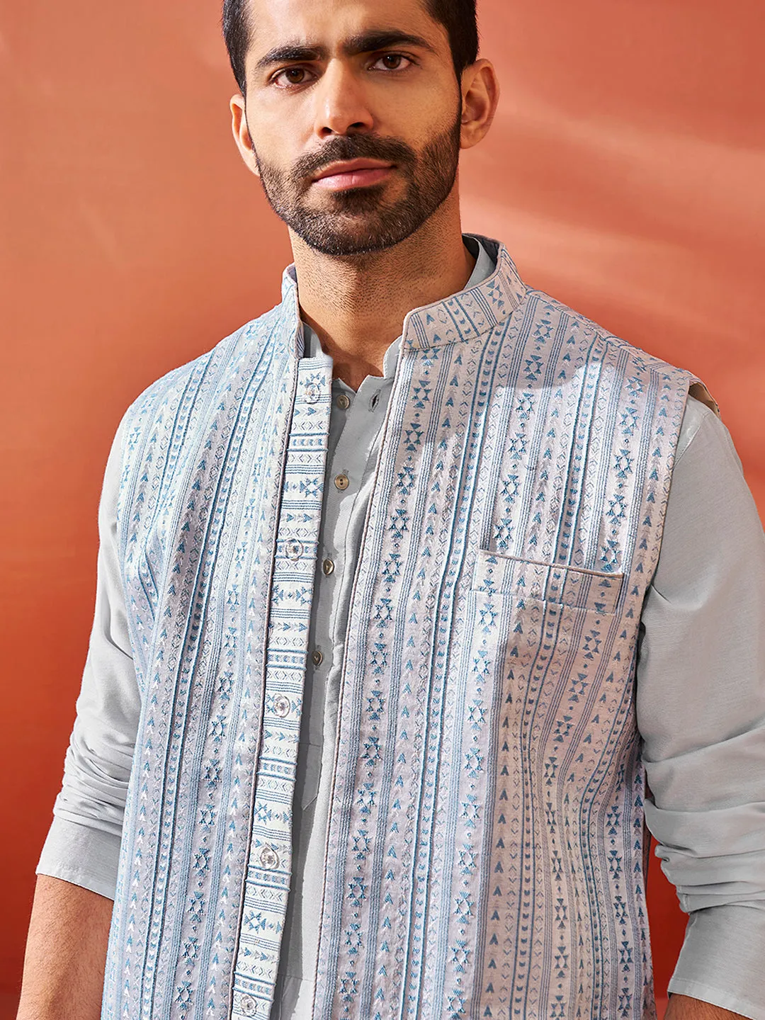 Jashvi Men's Aqua Viscose Jacket,Kurta And Pyjama Set.