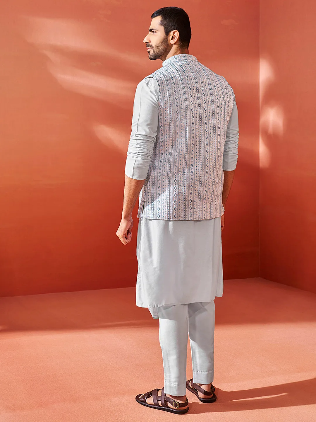 Jashvi Men's Aqua Viscose Jacket,Kurta And Pyjama Set.