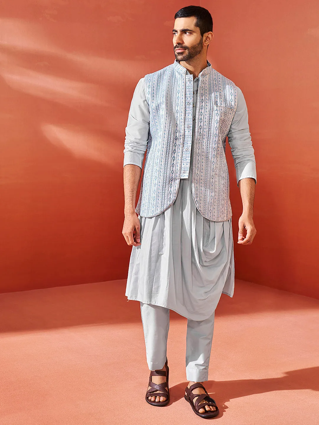 Jashvi Men's Aqua Viscose Jacket,Kurta And Pyjama Set.