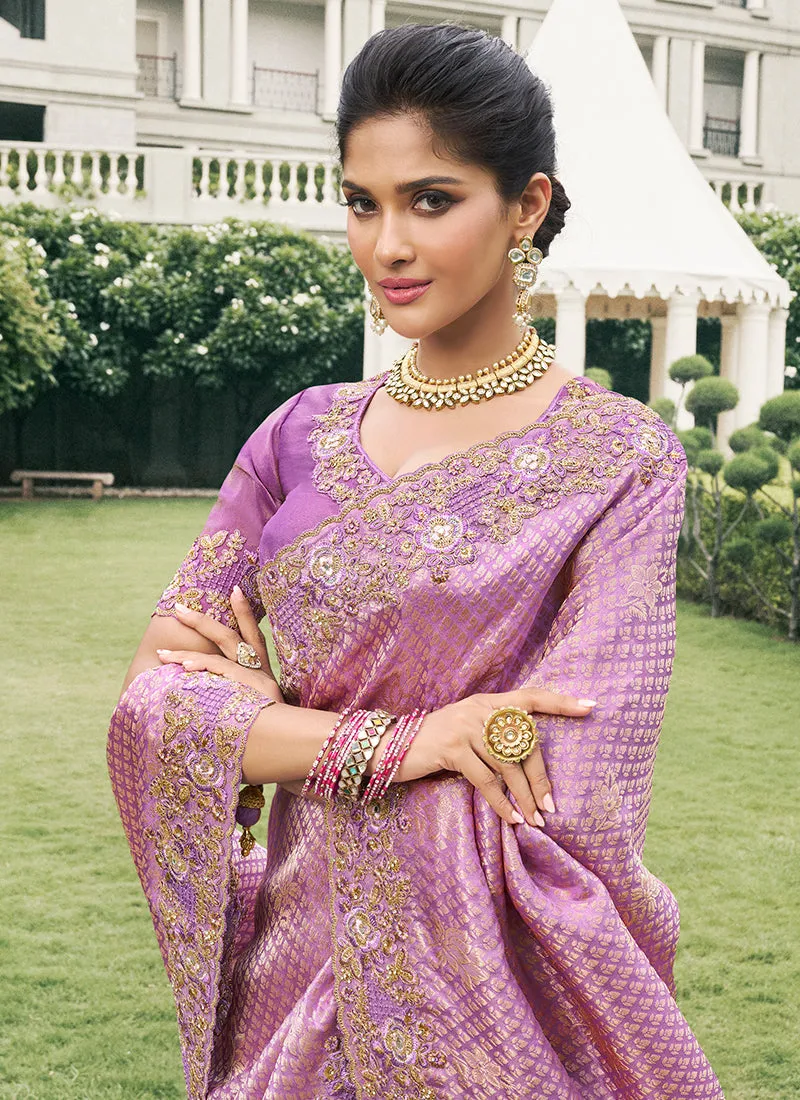 Lavender Multi Embroidery Tissue Silk Saree