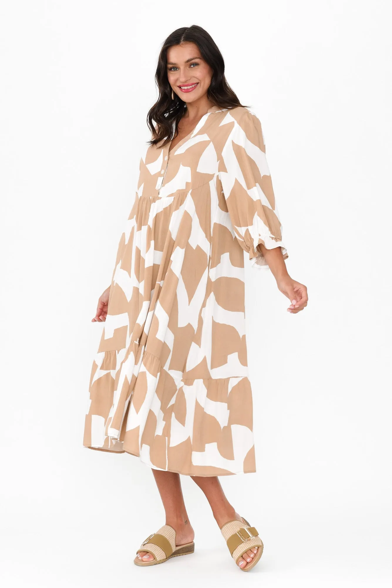 Leela Beige Abstract Sleeved Dress