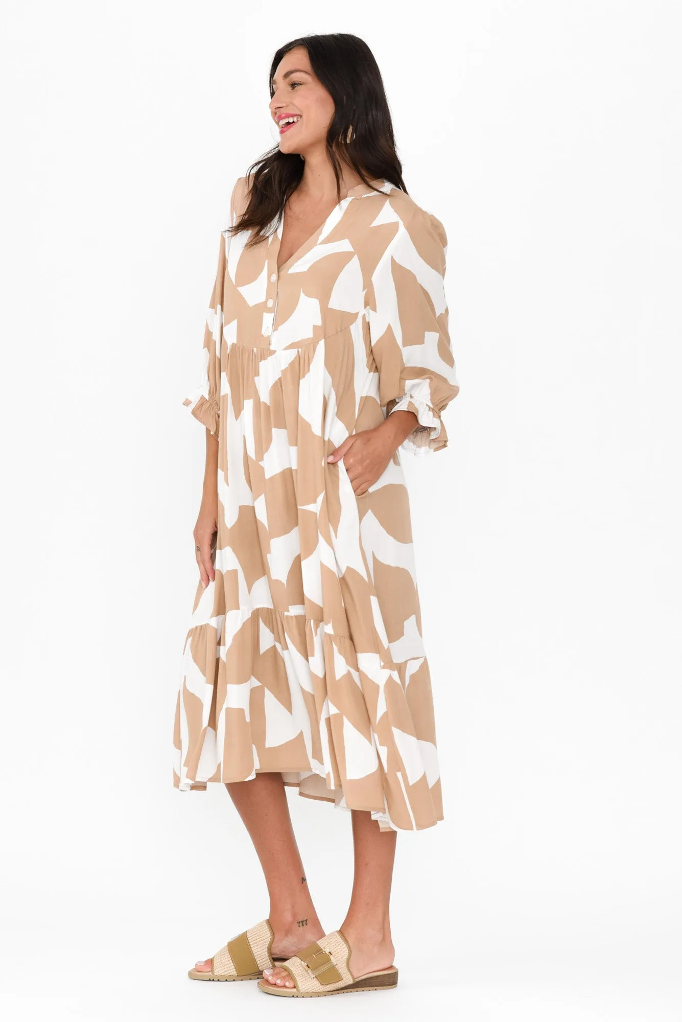 Leela Beige Abstract Sleeved Dress