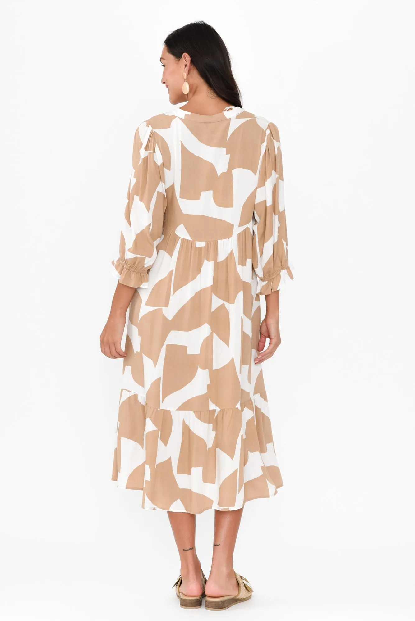 Leela Beige Abstract Sleeved Dress