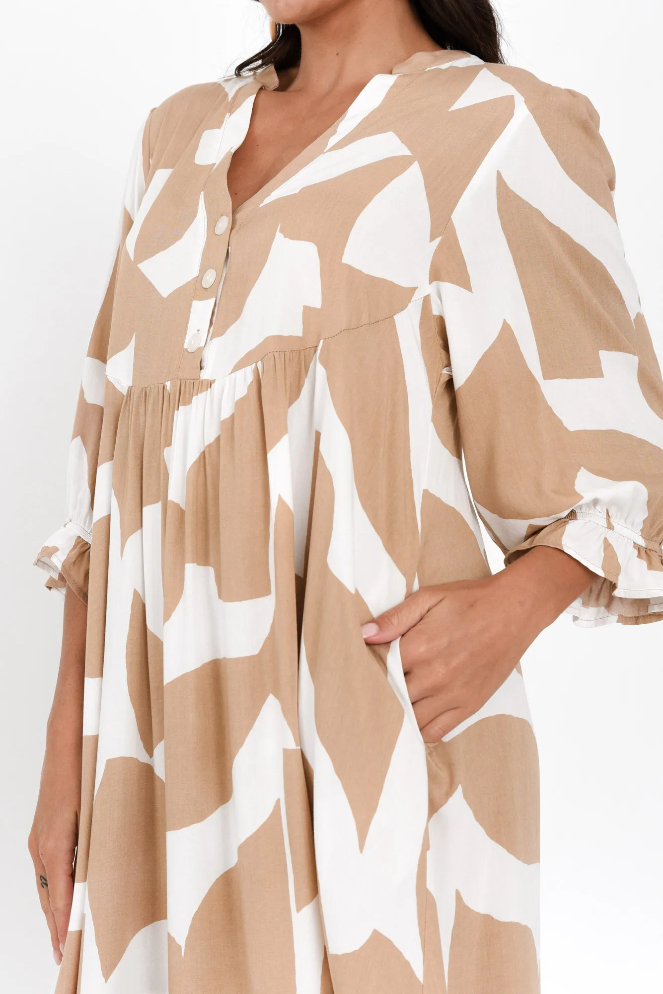 Leela Beige Abstract Sleeved Dress