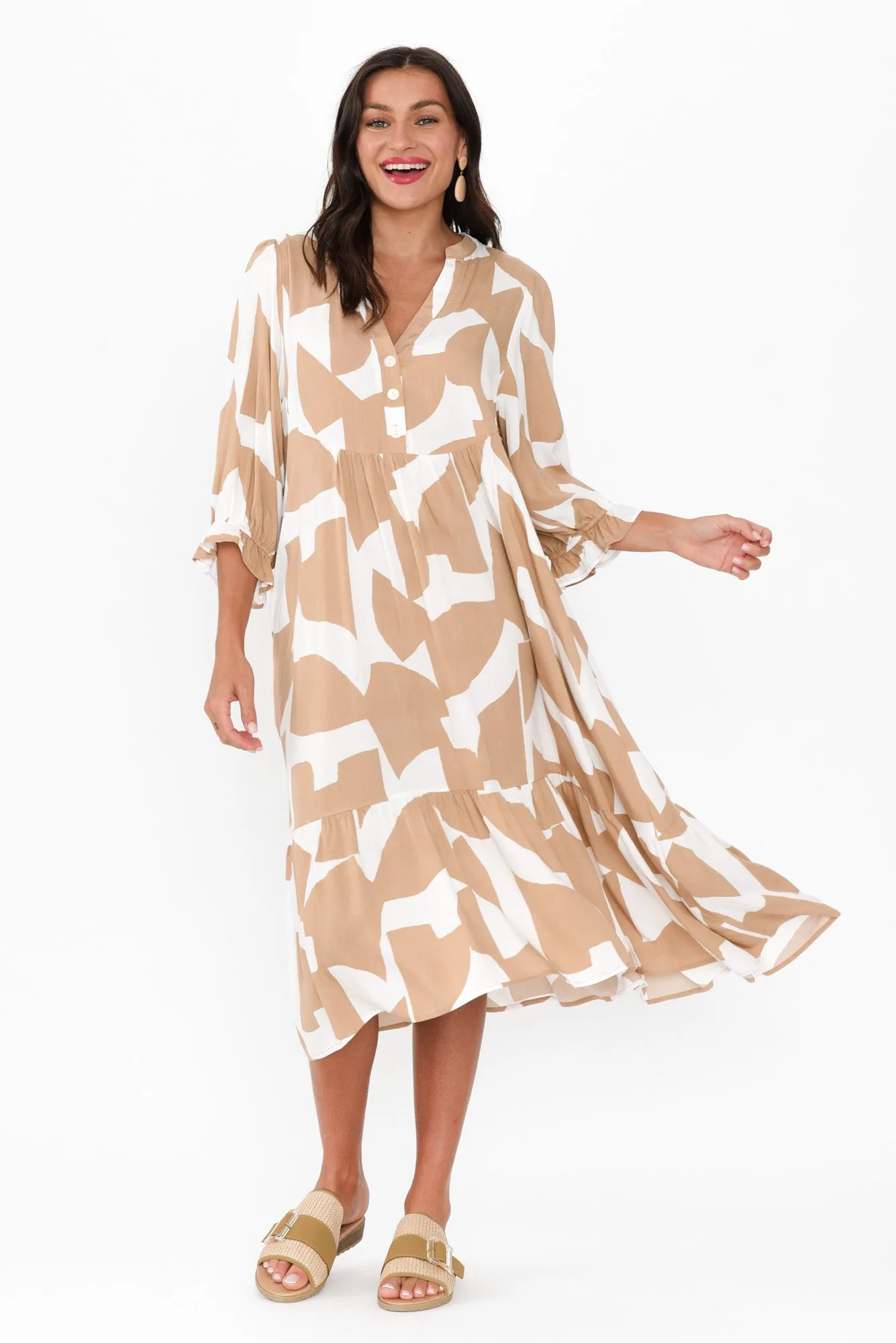 Leela Beige Abstract Sleeved Dress