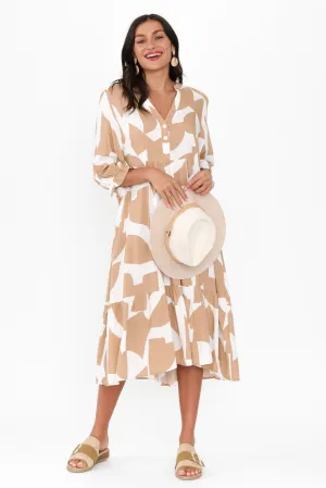 Leela Beige Abstract Sleeved Dress