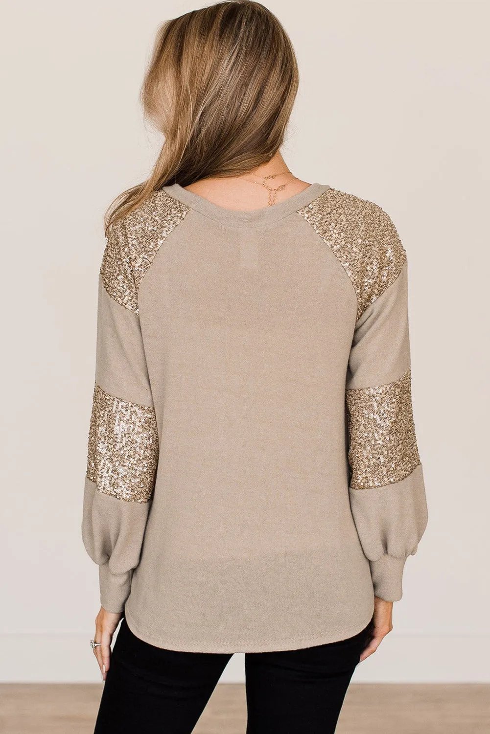 Light French Beige Sequin Patched Long Sleeve Top