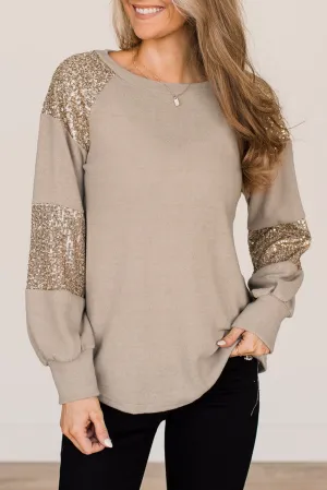 Light French Beige Sequin Patched Long Sleeve Top